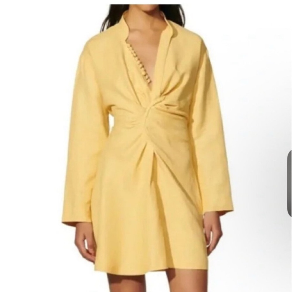 Sandro ruched front linen mini shirt dress, yellow, Size 36